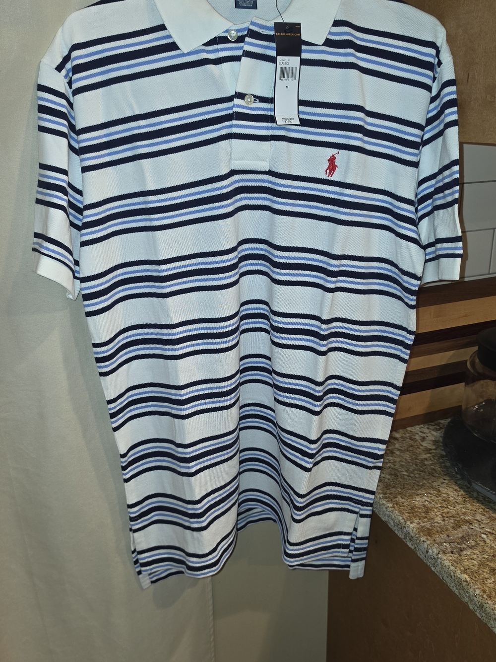 Polo by Ralph Lauren White Polo with Navy and Light Blue Stripes and Red Pony M